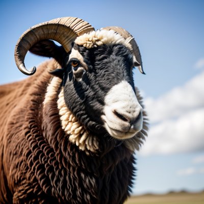 ram, sheep, blue sky, ouessant sheep, horns, dark, black, brown, wool, fur, portrait, sky, blue, nature, animal, wild, outdoors, close-up, landscape, livestock