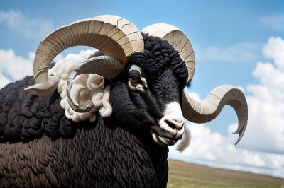 ram, sheep, blue sky, ouessant sheep, horns, dark, black, brown, wool, fur, portrait, sky, blue, nature, animal, wild, outdoors, close-up, landscape, livestock