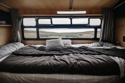 ai generated, campervan, vanlife, bedroom, interior, bed, cozy, wood, travel, home, roadtrip, lifestyle, adventure, architecture, vehicle, vacation, mobile home, comfortable, nature, recreational, minimalism, bright interior