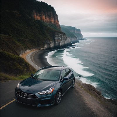 ai generated, car, coast, road, scenery, ocean, cliffs, travel, driving, winding, nature, landscape, sea, mountain, view, tourism, water, car wallpapers, asphalt, trip, touristic, black, sunset