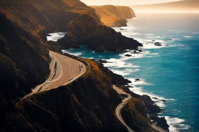 ai generated, car, coast, road, scenery, ocean, cliffs, travel, driving, winding, nature, landscape, sea, mountain, view, tourism, water, car wallpapers, asphalt, trip, touristic, black, sunset