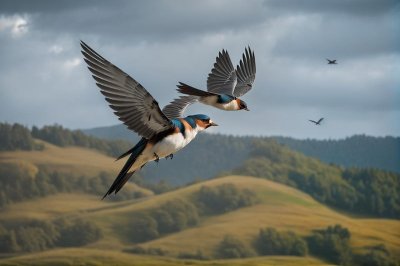 swallow, flight, branch, landscape, nature, flying bird, sky, wingspan, bird species, flight mechanics, pursuing predators, natural ecosystem, birds in flight, swallow icon, europe, bokeh background, rural, green areas, ornithology