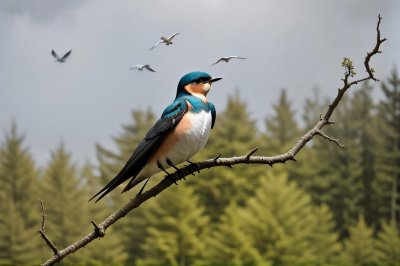swallow, bird, branch, singing, flying, nesting, forest, soft light, nature, wild, birdsong, blue, ecological, animal, insects, beak, green background, caught insect