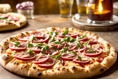pizza, pizzeria, restaurant, tuna, onion, cheese, red onion, herbs, candle, wooden table, traditional italian dish, baking, lunch, gastronomy, food, italian cuisine, fresh herbs, culinary experience