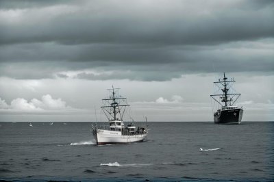 boat, ocean, nature, sea, fishing boat, fishing, ship, flock of birds, birds, deep ocean, distance, blue water, cloud, elements, coordinates, natural scenery, outdoor, horizon, cloudy sky, maritime transport