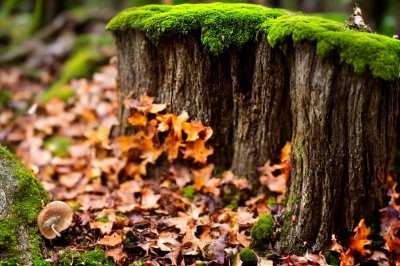 mushroom, moss, forest, nature, tree stump, autumn, gilled mushrooms, overhead, wood, forest floor, texture, close-up, mushroom picking, yellow, detail, mycology, environment, focus, mushroom foraging, half-light
