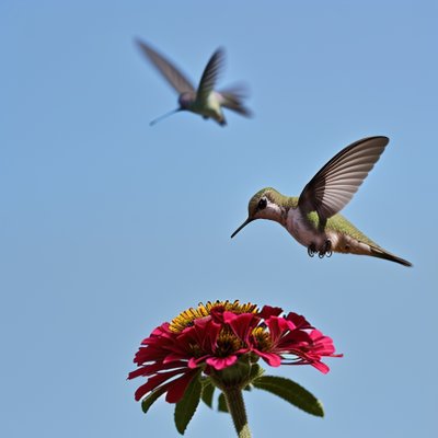 hummingbird, butterfly, zinnia, flower, blue sky, macro photography, flying, nectar, garden, winged, natural, environment, zoological, detail, nature, pollination, color, surrounding, life, evening