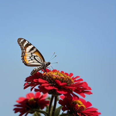 butterfly, flower, blue sky, zinnia, pollination, macro, nature, painted lady, wings, red, yellow, petals, sunny day, close focus, detail, summer scene, natural beauty, soft light, insect, landing