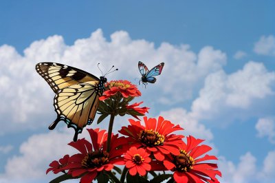 butterfly, flower, blue sky, zinnia, pollination, macro, nature, painted lady, wings, red, yellow, petals, sunny day, close focus, detail, summer scene, natural beauty, soft light, insect, landing