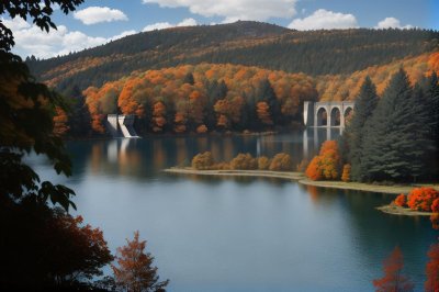 dam, reservoir, lake, nature, autumn, forests, hiking, recreation, architecture, water, autumn colors, landscape, sky, serenity, excursion, open water, balustrade, structure, metal, brick construction