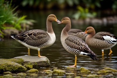 waterfowl, duck, pair, feathers, natural environment, shore, pond, winged, green grass, stone, bird song, colorful nature, fresh greenery, connection, reflection, natural scenery, wildlife, water reflection, white-headed, harmonious