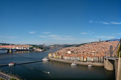 panorama, porto, river, bridge, city, architecture, building, blue sky, water, horizon, cityscape, summer day, portugal, historic buildings, tourism, boat, red roofs, open view, city shores, cultural site