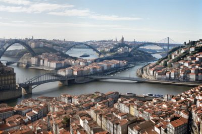 porto, portugal, city, river, architecture, buildings, rooftops, urban area, panorama, aerial view, clouds, blue sky, port city, historic, lisbon, recreational, transportation, europe, tourist destination, excursion