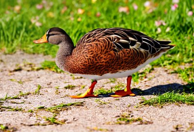 duck, animal, steps, nature, lawn, outdoor, feathers, bill, stone, sunny, walk, travel, armadillo, river, walking, wild, wings, motion, friend