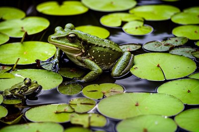 frog, amphibian, nature, pond, green, wildlife, lily pad, frog jump, action shot, prey, insect prey, wild, ecosystem, hunter, predator, water lily, water surface, motion capture, drawing, floating, drama