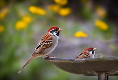 sparrow, bird, birdbath, garden, nature, outdoors, water, beak, summer, animals, bird behavior, plumage, beauty, cute, splash, feeding, zoo, sky, ecosystem, nesting