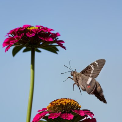 moth, hummingbird hawk-moth, zinnia, wings, nature, garden, macro, flying, pollination, animal, detail, light blue, flower, line, antenna, body, focus, movement, insect, sky