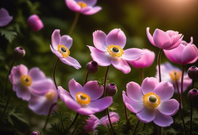 flower, pink flowers, blossom, anemone japonica, nature, garden flower, natural beauty, yellow center, green background, macro photography, botany, summer, pastel colors, asian plant, outdoor, meditative, delicate flowers, flower centers, seasons