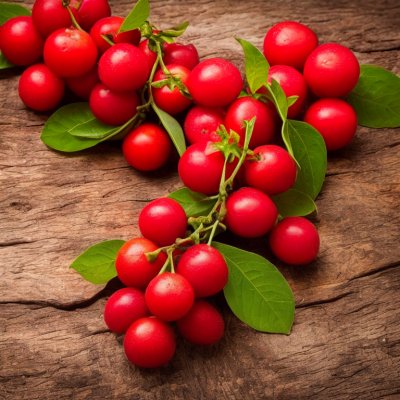 acerola, nature, tropical fruit, red fruit, vitamin c, fresh fruit, wooden bowl, leaf, superfood, healthy, nutrition, food, harvest, natural ingredient, board, wood, knife, seed, color contrast, rattan basket, multiple fruits