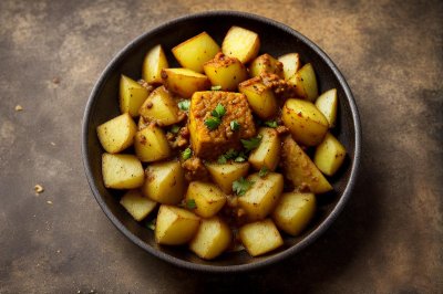 potato cube, aloo fry, fried potato, indian food, cumin, turmeric, side dish, vegetarian, bowl, wooden table, nutrition, spiced potato, wooden surface, home cooking, food on table, curry leaves, cultural food, spiced food, easy to make