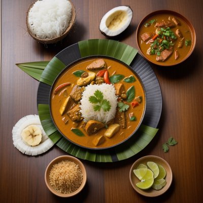 amok, cambodian cuisine, fish curry, banana leaf, coconut curry, white fish, kaffir lime leaf, chili, galangal, steamed rice, lime, wooden board, red chilies, food seasoning, traditional food, fruity aroma, exotic food, culinary herbs, spicy food, kaffir lime