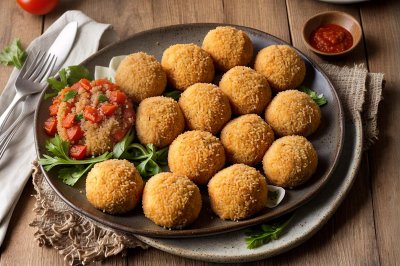 arancini, fried rice, breadcrumb, mozzarella, tomato sauce, parmesan, parsley, chili, appetizer, street food, food, cutting board, frying oil, garlic, wooden table, snack, guacamole, bowl, spoon, food details, italian cuisine