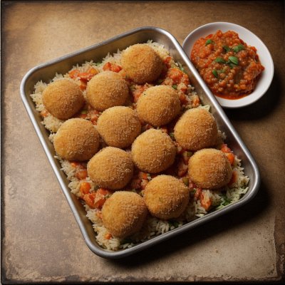 arancini, fried rice, breadcrumb, mozzarella, tomato sauce, parmesan, parsley, chili, appetizer, street food, food, cutting board, frying oil, garlic, wooden table, snack, guacamole, bowl, spoon, food details, italian cuisine