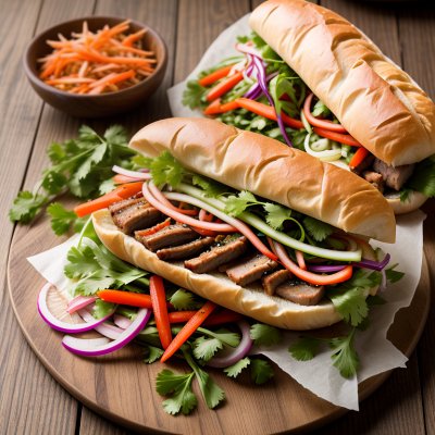 vietnamese baguette, banh mi, pork, pickled vegetables, cilantro, jalapeño, cucumber, lime, street food, sandwich, wooden cutting board, lime wedge, chili peppers, nutrition, carrot, daikon, cultural food, flavor, asian cuisine, thai food