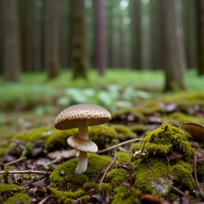 mushrooms, forest, moss, fern, forest floor, miniature, nature, autumn, tree trunk, mushroom group, mushroom cap, blur, small, close-up, family, green background, calm, peaceful, structure, harmony