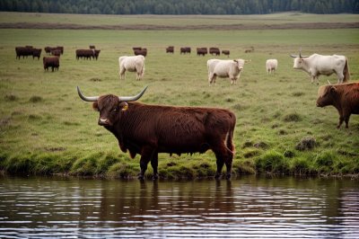 cow, highland cattle, long fur, nature, pasture, lake, free range, feeding, horned, grass, ecosystem, misty, water bank, animals, livestock, grazing animals, rural landscape, ecology, meadow