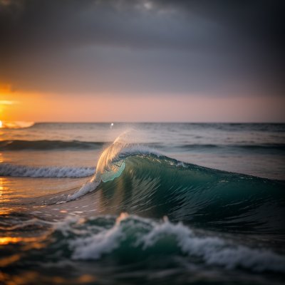 ocean, wave, sunset, dramatic sky, nature, soft light, golden hour, sea mist, natural beauty, birds, water drop, coast, spray, ocean wave, shore, birds over water, glare-free, fluid motion, evening calm, sea horizon, flowing water
