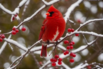 northern bird, winter landscape, red bird, cardinal, berry fruit, red berries, nature, winter, bird on branch, forest, wildlife, landscape, natural scene, natural beauty, outdoor, red and white contrast, botany, ornithology, environment, natural habitat