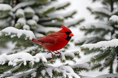 cardinal, snow, winter, fir tree, laden, forest, wilderness, nature, bird, red, branches, avian world, state of the city, deforested, pet, songbird, natural environment, snowy, simplicity, czech republic, birdwatching