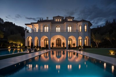 villa, luxury, nature, exterior, twilight, pool, modern architecture, grandeur, evening, reflection, empty, outdoor seating, row of trees, symmetry, night lighting, garden, architectural style, sunset, lawn, terrace