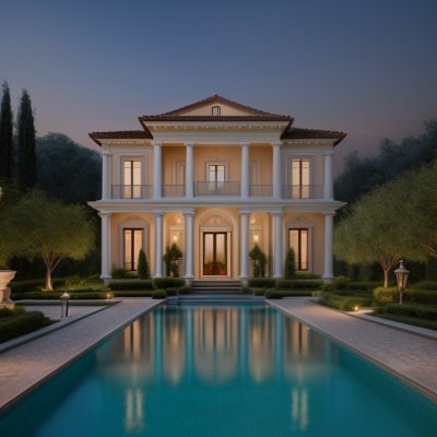 villa, luxury, nature, exterior, twilight, pool, modern architecture, grandeur, evening, reflection, empty, outdoor seating, row of trees, symmetry, night lighting, garden, architectural style, sunset, lawn, terrace