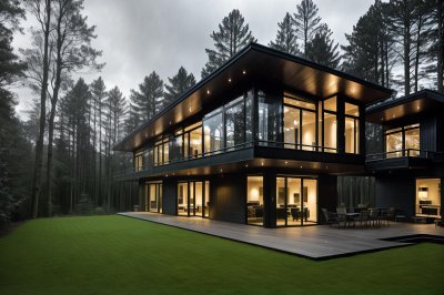 modern architecture, glass terrace, family home, forest, nature, outdoor setting, luxury property, garden, lawn, wooden structure, residential property, wide verandah, evening lighting, contemporary design, sunlight, forest landscape, relaxation area, panoramic view, evening sky, open living room, concrete flooring, trees in background