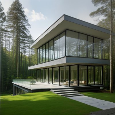 modern architecture, glass terrace, family home, forest, nature, outdoor setting, luxury property, garden, lawn, wooden structure, residential property, wide verandah, evening lighting, contemporary design, sunlight, forest landscape, relaxation area, panoramic view, evening sky, open living room, concrete flooring, trees in background