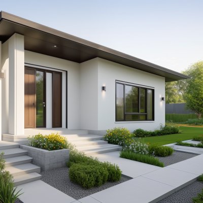 modern bungalow, accessible housing, single-story house, architectural design, eco-friendly architecture, landscaped garden, outdoor patio, sustainable building, home entrance, luxury property, sunny day, modern house architecture, universal design, high angle view, copy space, angled view, garden design, ai in architecture, earth brick usage