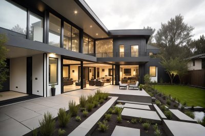 single-story house, modern architecture, patio, garden design, sunny, outdoor decor, real estate, luxury house, accessible entrance, eco-friendly design, sustainable living, outdoor space, living area, creative design, plant cultivation, flowering plants, patio flowers, home comfort, peaceful environment, large windows, daylight