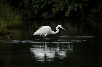 egret, fishing, lake, wilderness, waterbird, stance, prey, reflection, silence, pond, nature, catching fish, bird of prey, tranquil, environment, white feathers, bow, pickado, intruder, disgrace