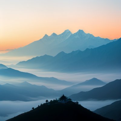 nepal, annapurna circuit, poon hill trek, dawn, morning mist, sea of clouds, layered mountains, blue tone, mountain silhouette, himalayan peaks, fog valley, alpine landscape, trekking, mountain panorama, atmospheric haze, landscape photography, sunrise preview, mountain layers