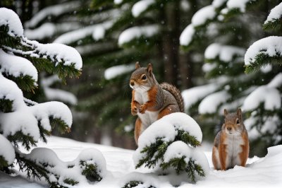 squirrel, winter, snow, evergreen, nature, animal, wilderness, cedar, green, forest, cold, fur, twigs, natural surroundings, teeth, white, movement, wildlife photography, close-up, wildlife, feeding