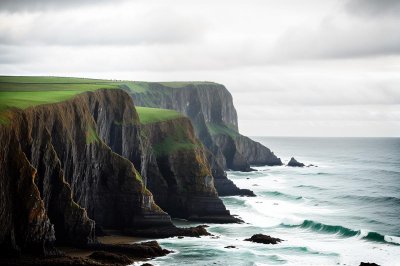 sea cliffs, ocean waves, coastal landscape, green fields, nature, cloudy sky, dramatic landscape, rocky coast, natural scenery, ocean waters, coastal drama, sunrise, natural beauty, natural landscape, cliffs and waves, coastal path, moody view, horizontal frame, moody atmosphere, natural retreat