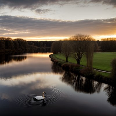 river, swan, sunset, sky, nature, trees, peaceful, reflection, low angle, green grass, calm water, hill view, afternoon, clouds, panorama, wildlife, countryside, water reflection, quiet, landscape, visual, evening