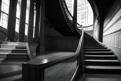 stairs, black-and-white, architecture, city, perspective, people, strong contrast, urban environment, pedestrian, railway, concrete, industrial, railway bridge, city photography, street photography, railing, transport infrastructure, angle of view, vertical composition, urban transport