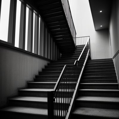 stairs, black-and-white, architecture, city, perspective, people, strong contrast, urban environment, pedestrian, railway, concrete, industrial, railway bridge, city photography, street photography, railing, transport infrastructure, angle of view, vertical composition, urban transport