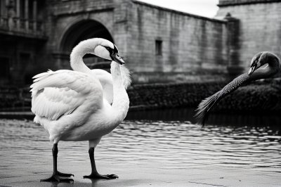 swan, black and white, urban background, peacock, bird, architecture, fountain, grooming, lake, art, nature, river, pedestrian area, close-up, silhouette, majestic, beak, park, wild animal, winter