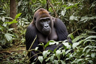 gorilla, jungle, nature, uganda, rainforest, wildlife, animal, green, dense, male, black, strong, eyes, grass, rest, habitat, gorilla mountains, protection, portrait, alertness, pose