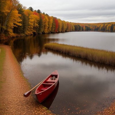 autumn, forest, lake, boat, red, autumn foliage, rowboat, nature, landscape, reflection, grass, tranquility, calm water, shore, mirror, peaceful, clear sky, relax, natural scenery