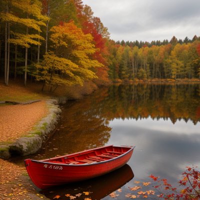 autumn, red boat, lake, forest, autumn leaves, nature, landscape, reflection in water, oar, calm, yellow color, recreation, calm day, clearing, water, grass, sky, golden leaves, mast